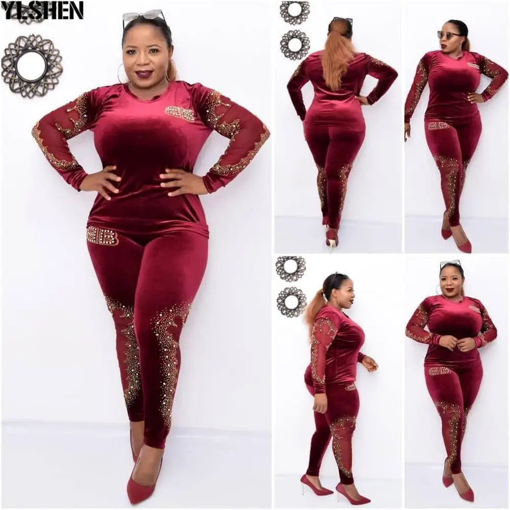 Maxy Sets for Women 2024 Long Sleeve Beading Diamonds African Elastic Bazin Baggy Pants Rock Style Famous Suit Lady