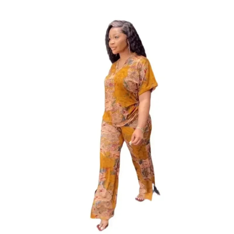 Maxy 2 Piece Sets African Sets for Women New African Print Elastic Bazin Baggy Pants Rock Style Famous Suit Lady Outfits 2024