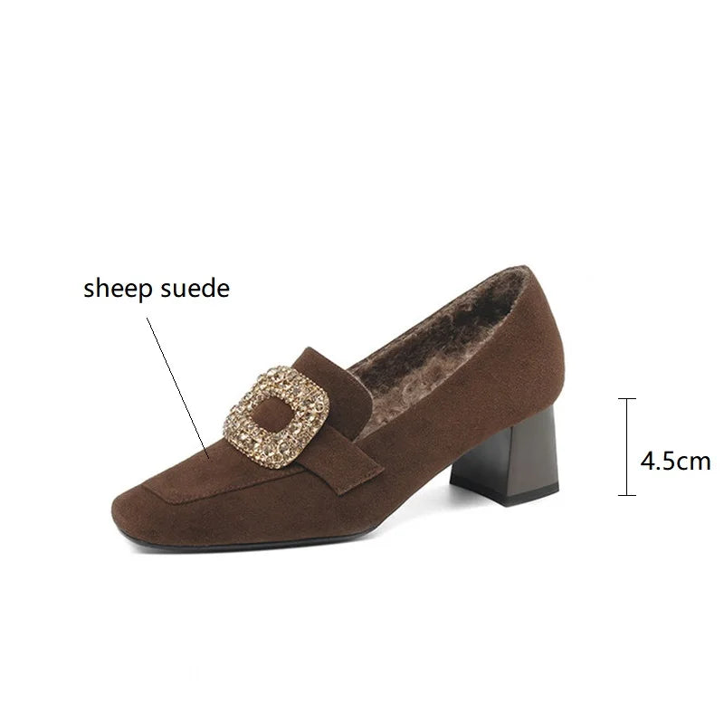 Maxy New Autumn Sheep Suede Loafers French Square Toe Chunky Heels Winter Plush Women Pumps Shoes for Women Zaptos De Mujer