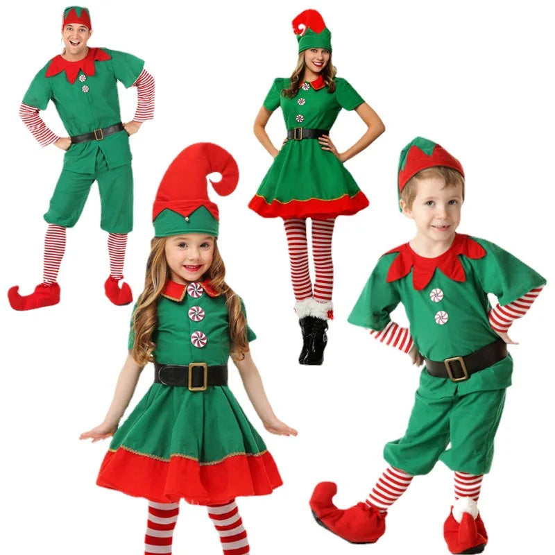 Christmas Maxy Family Costume Role Playing Outfit Green Santa Claus Party Performance Fancy Clothing for Men Women Girls Boys