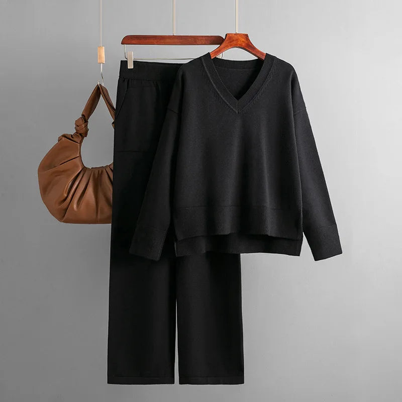 Macy Knit Sweater 2 Pieces Sets Women Loose V-neck American Tops Conjuntos Waist Ankle Length Wide Leg Pants Tracksuit E1136