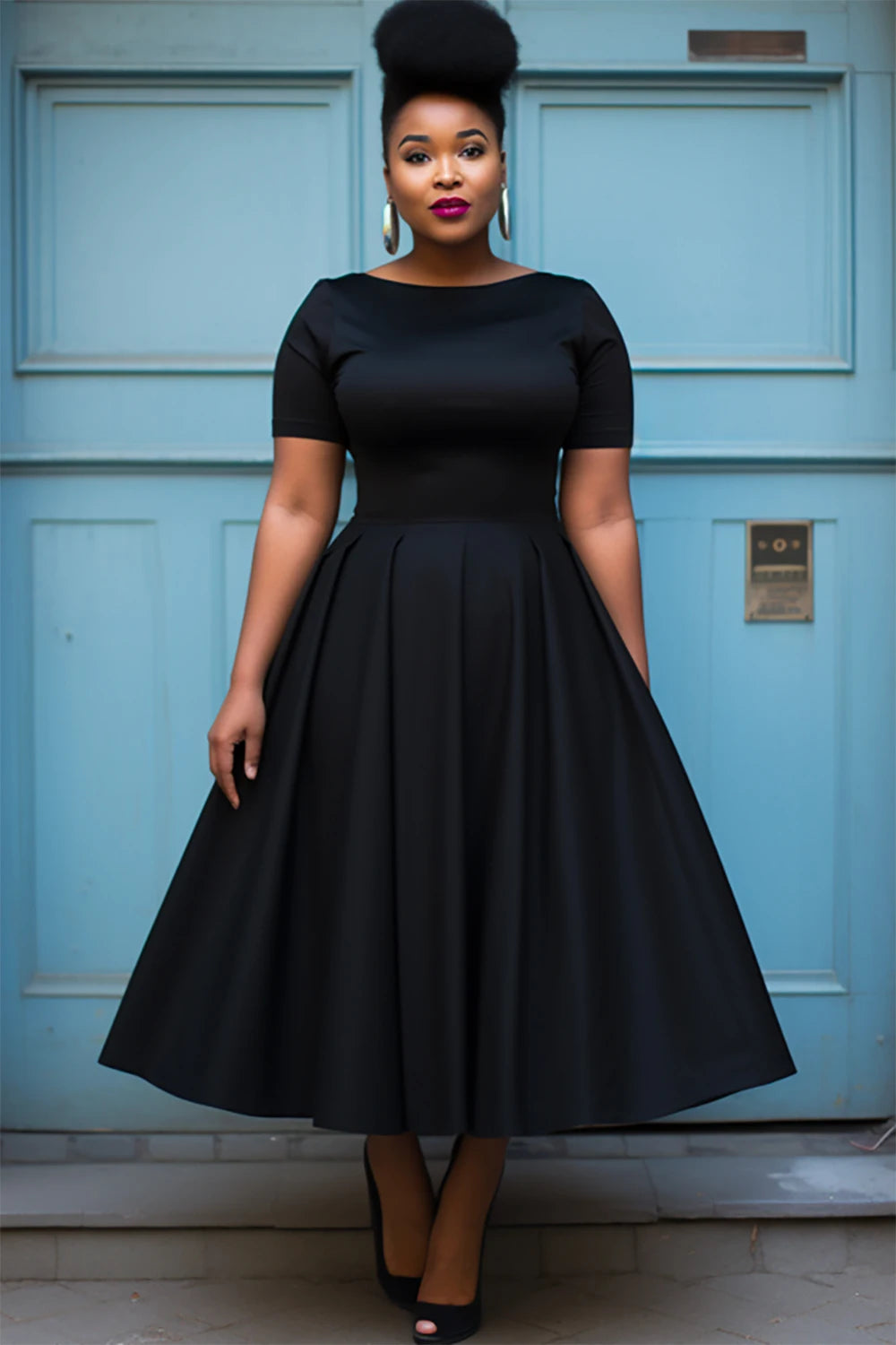 Maxy Women Plus Size Black Dress Short Sleeve Summer Casual Pleated A-Line Basic Long Dress Round Neck Fashion Evening Party Dresses