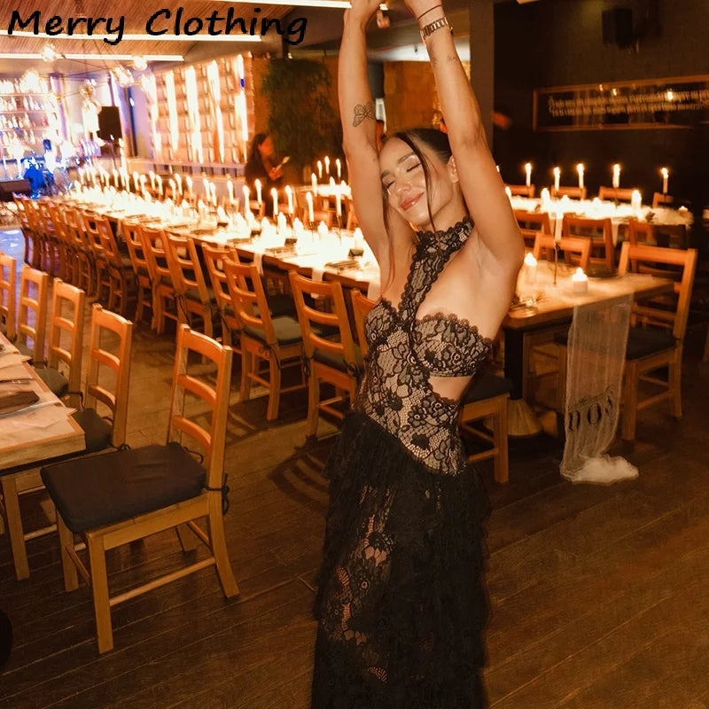 Maxy Sexy Lace Patchwork Dress Women Hollow Out Sleeveless Party Club Long Skirt See Through Halter Evening Gown Vacation Lady Robes
