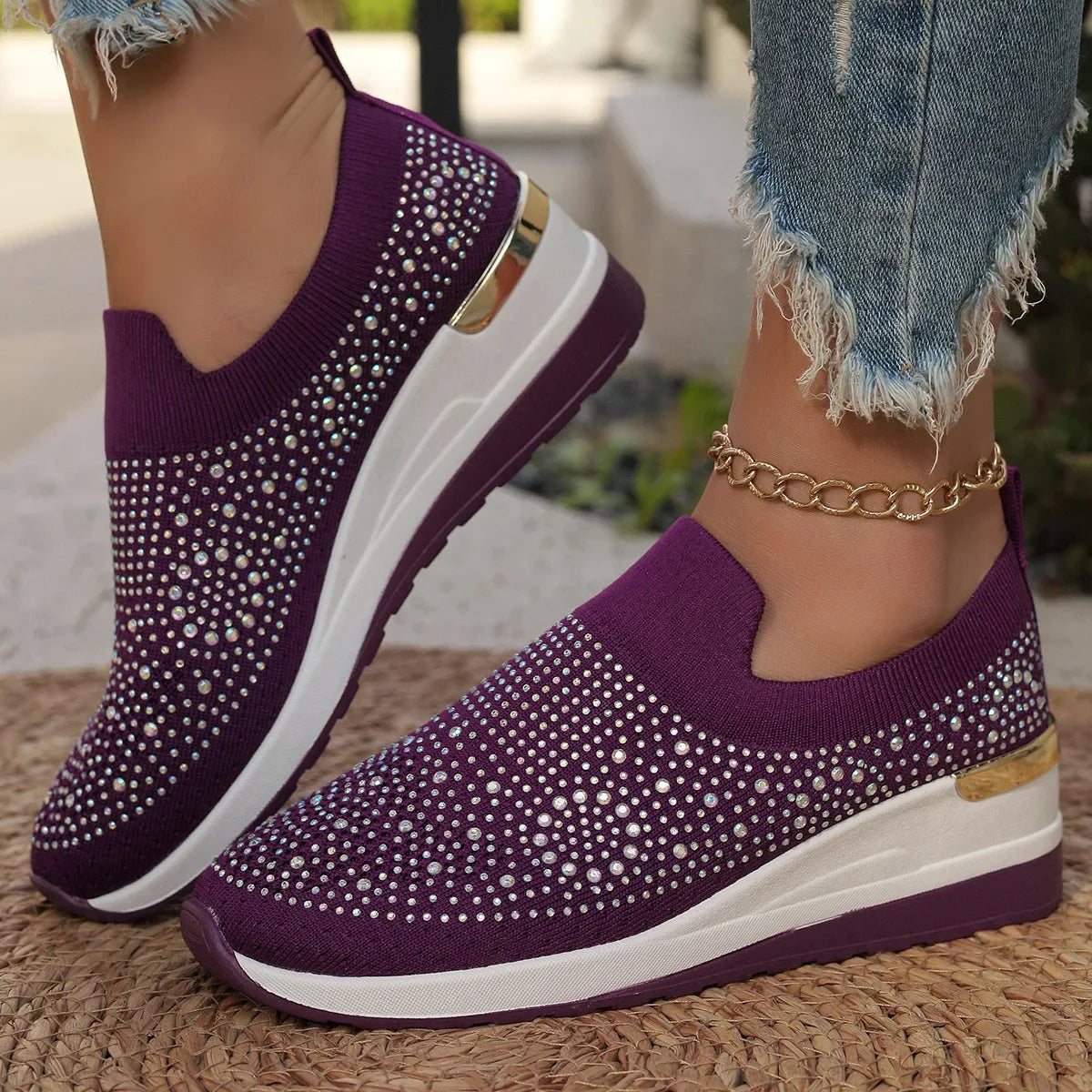 Visco Orange Rhinestone Casual Sneakers Breathable Wedge Women Lightweight Shoes Slip On New Comfortable Spring Mesh Sports Shoes