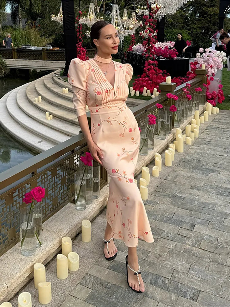 Maxy Print Deep V Shoulder Pad Long Dress Women Elegant Short Sleeve Waist Cinching Hip Package Sheath Party Dresses New Summer Robes