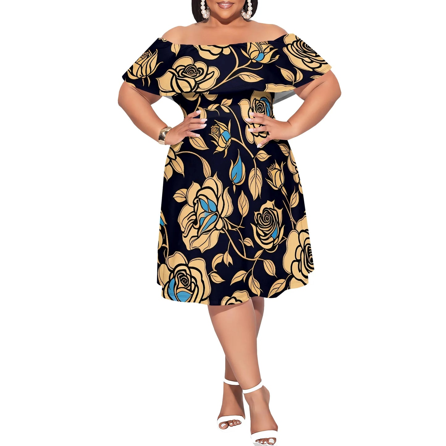 Maxy Plus Size Off Shoulder Short Sleeve Midi Dress Floral Rose Print Navy Blue Elegant Summer Party Casual Dress