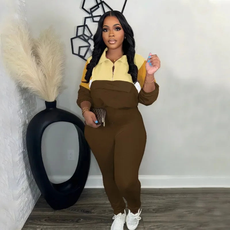 Maxy Sporty Casual Two Piece Set for Women Sweatsuit Fall Winter Patchwork Sweatshirt Top and Pants Running Tracksuit Joggings Femme
