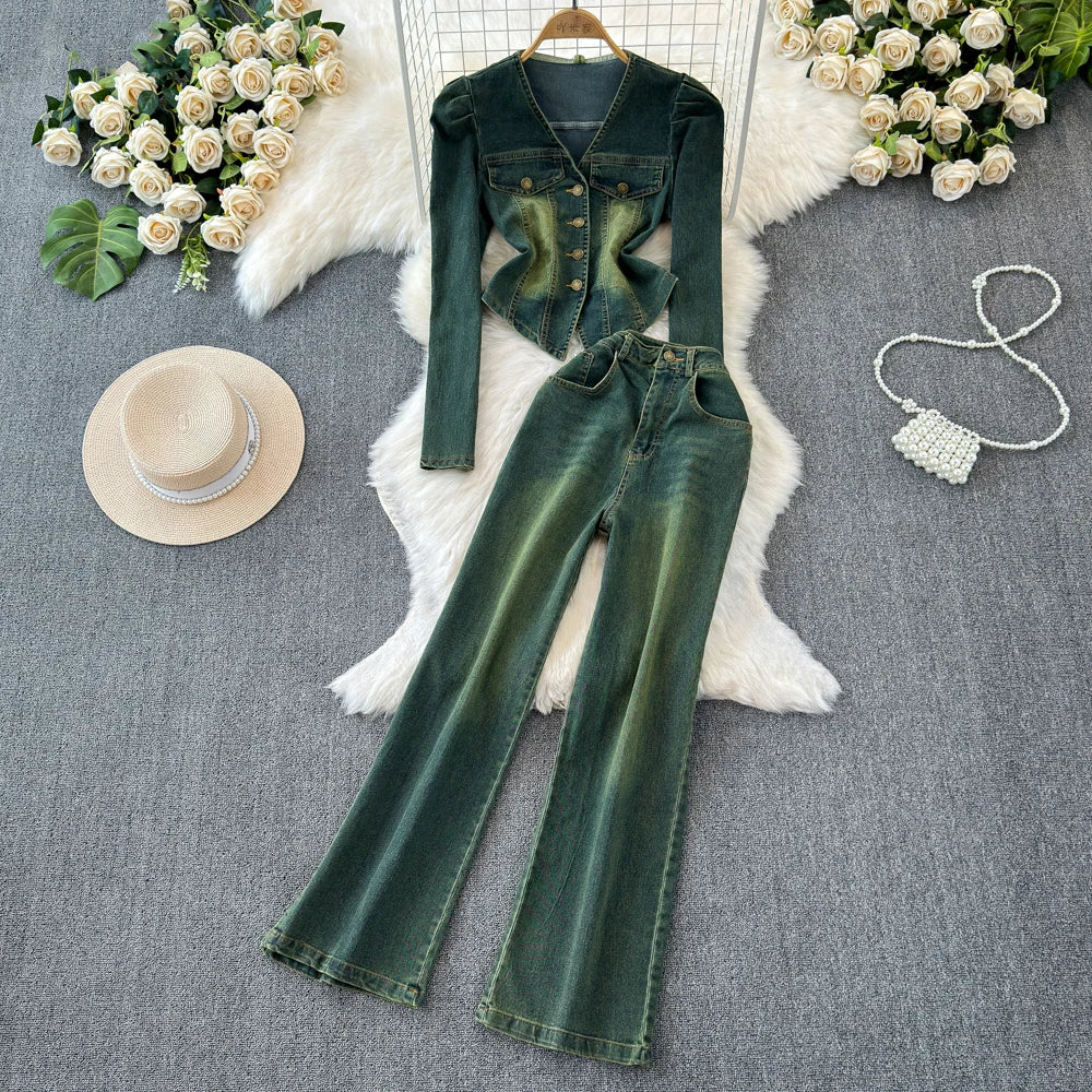 Amay Women's Long-sleeved Denim Set Korean Version V-neck Single-breasted Jeans Jacket + Casual High-waiste Straight Pants