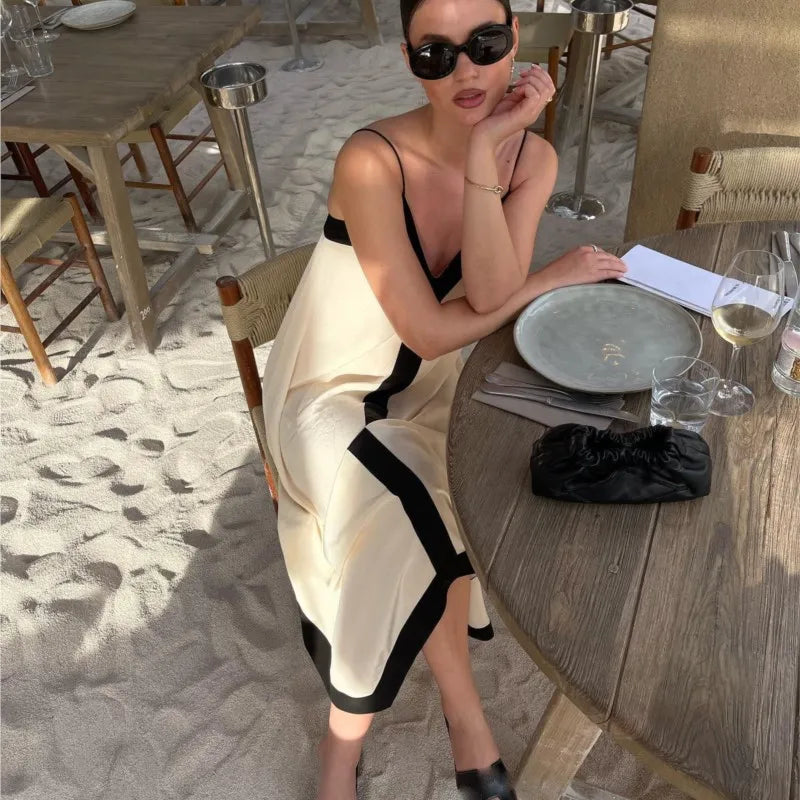 Maxy New Patchwork Sling Dress Women Sexy Summer V-neck Midi Beach Dresses Female Backless Sleeveless Vacation Long Dresses