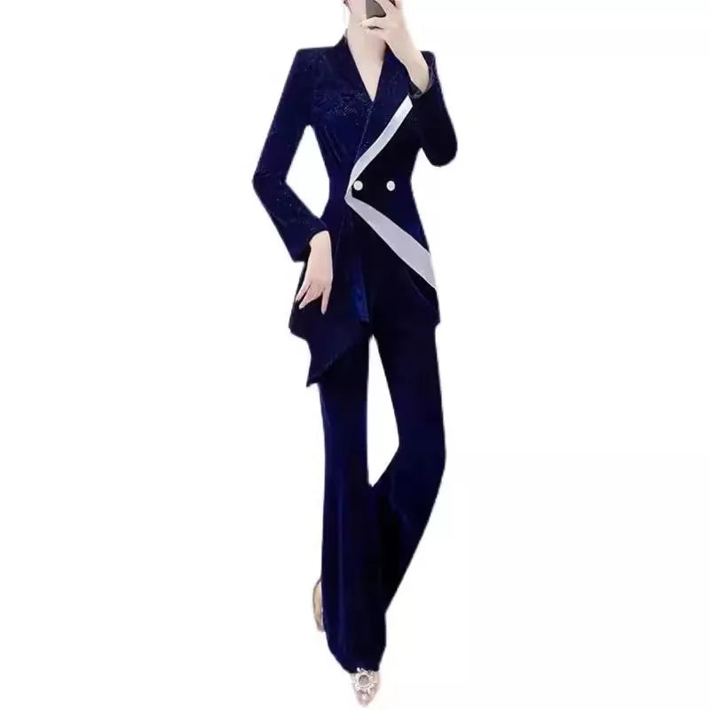 Maxy Blue Golden Velvet Suit Set Women 2024 New Spring Autumn Season High End Temperament Casual Small Blazer Foreigner Pants Career