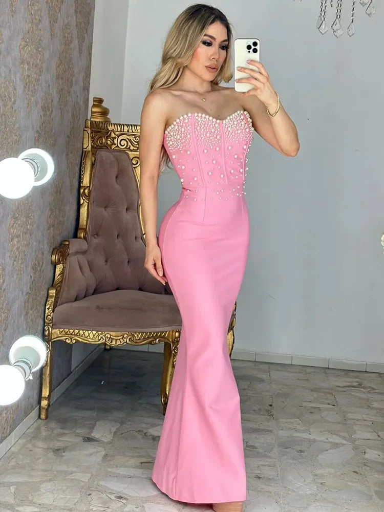 Women Pink Party Macy Mermaid Dress Elegant Strapless Pearl Beading Long Celebrity Evening Gowns Ladies High Fashion Gala Dress