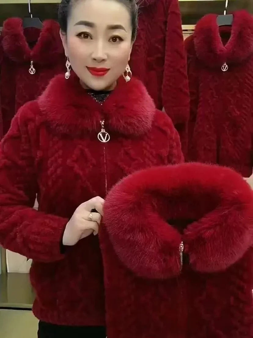 Maxy Mother Winter Jacket Thicken Imitation Mink Velvet Woolen Coat Fashion Fur Collar Large Size Zipper Knitted Cardigan Sweater 5XL