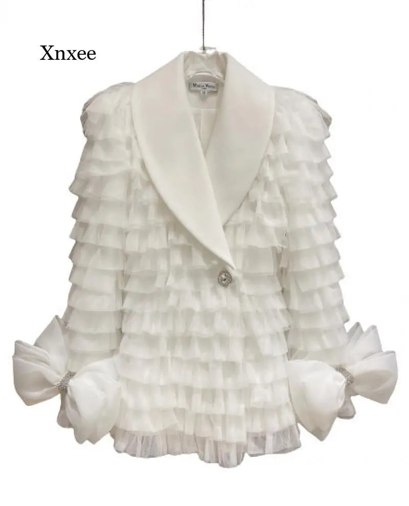 Maxy Ruffles Bubble Sleeve Mesh Tulle White Blazer Dress Women Elegant Fashion Diamonds Bow Long Blazer Coats