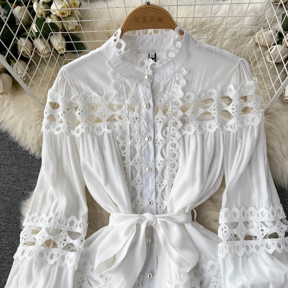 Maxy New style boho style standing collar hollowed out single breasted dress spring wear, women's lace up and hollowed out dress