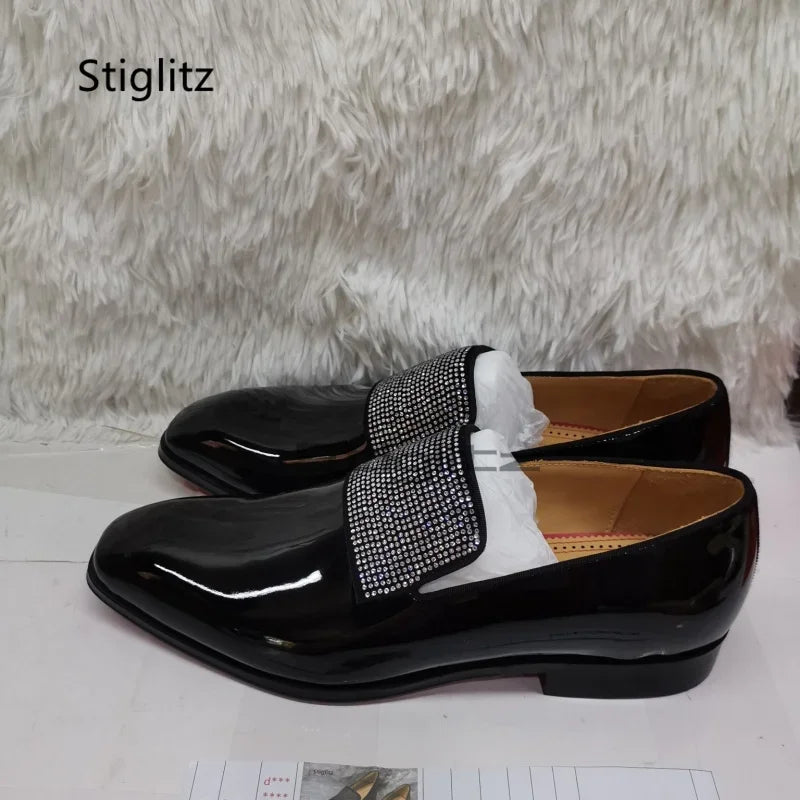Visco Rhinestone Men's Bright Leather Dress Shoes Black Square Toe Business Office Wedding Shoes Slip On Loafers Luxury Mlae Shoes