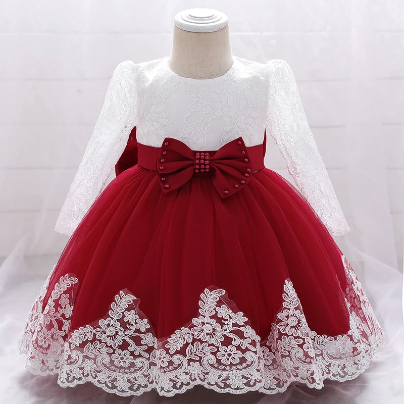 Maxy Baby Girl Baptism Newborn Photography Clothing Toddler Birthday Summer Dress Kids Christening Long Sleeve Lace Bow Ball Gown