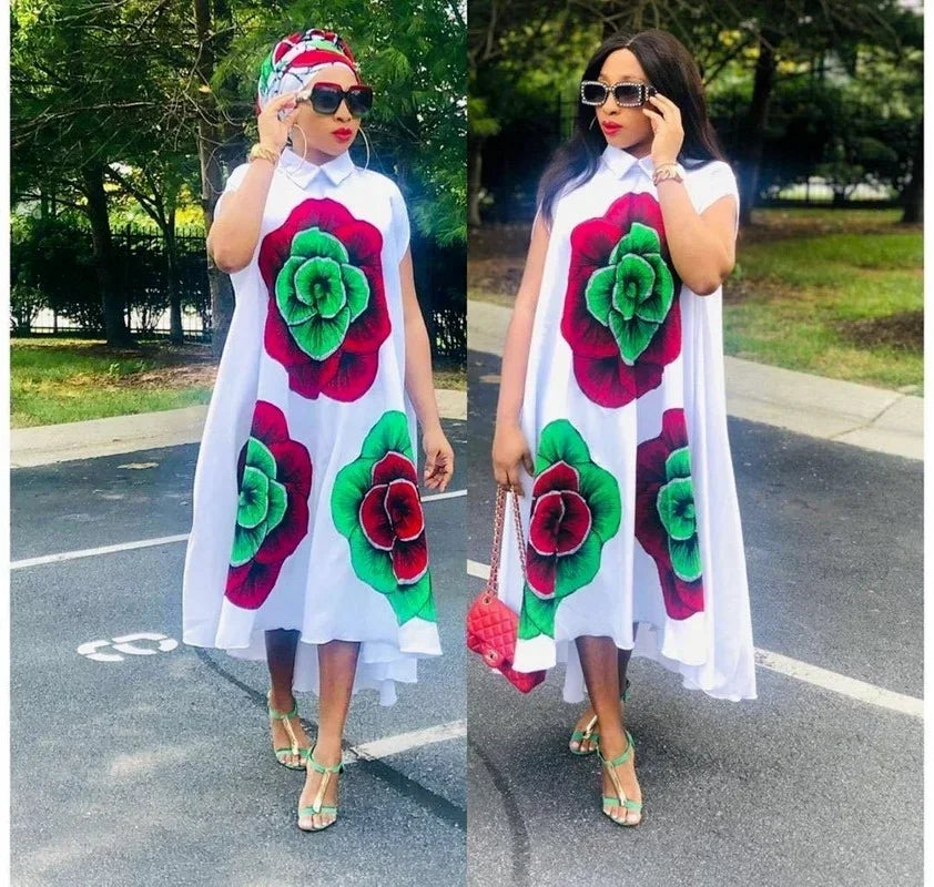 Maxy Dresses for Women New Summer Print Dress Plus Size Boubou Nigerian Fashion Ankara Robes Party Clothing