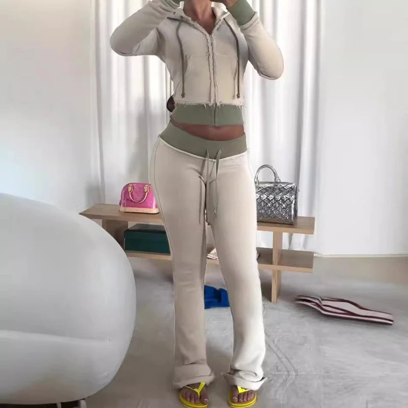 Maxy 2 Two Piece Lounge Set Women Clothing Elegant Tracksuit Drawstring Hoodie Zip Crop Jacket and Flared Pants Outfit Matching Sets