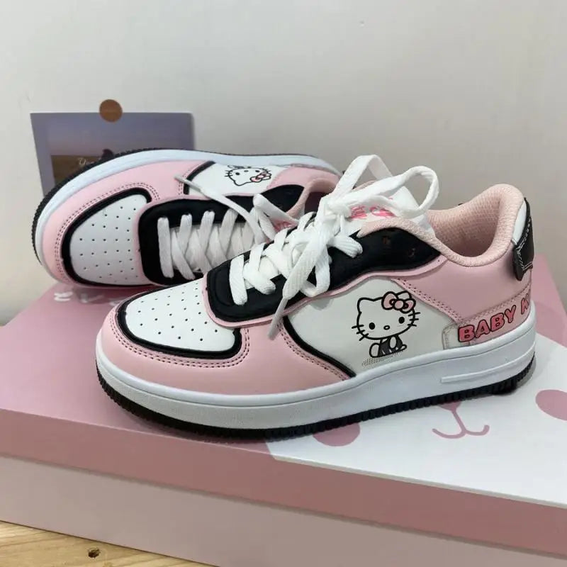 Maxy Cute Hello Kitty Women Sports Shoes Sanrios Leather Board Shoes Anime Kt Printing Sneakers Cartoon Fashion Kawaii Casual Shoes