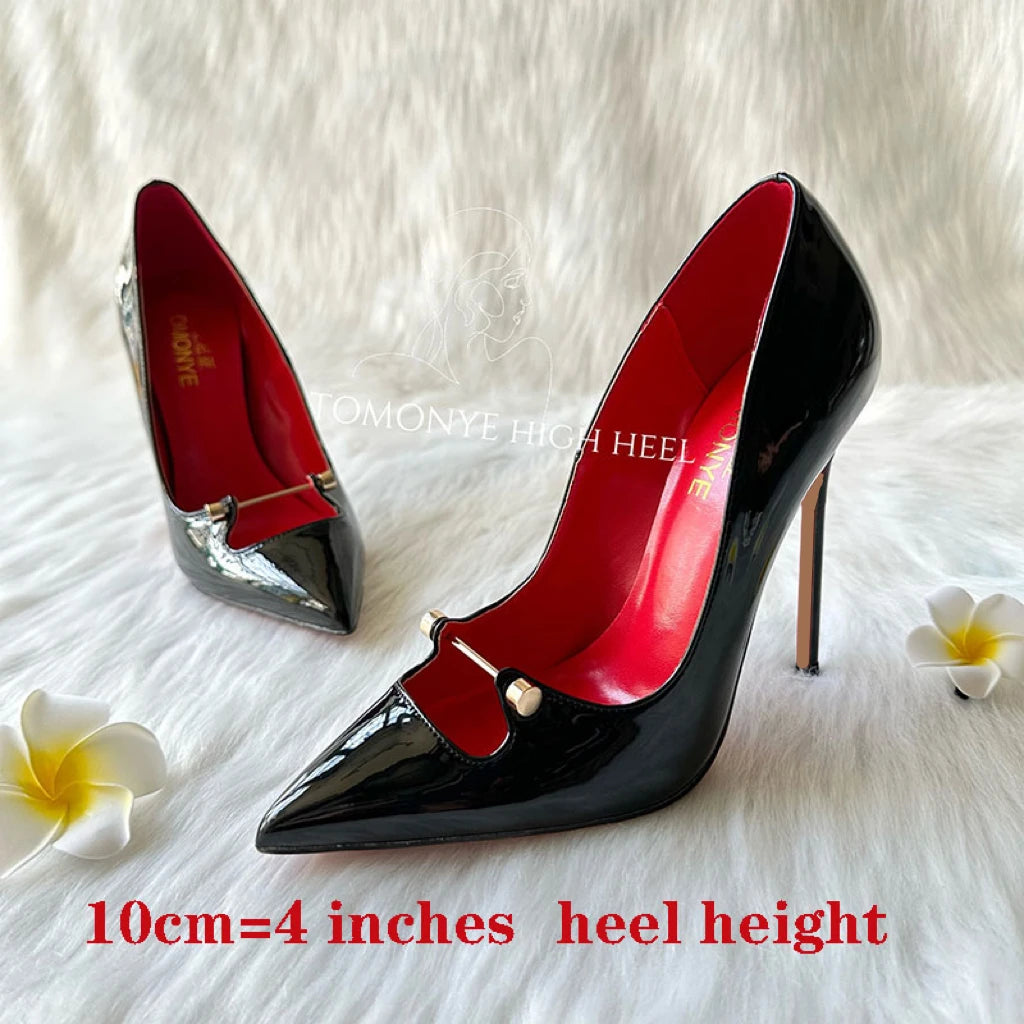 Amay Free Shipping Black White Red Patent Leather Shallow Metal Hollow Out Open Toed Women Lady Hot Sale 120mm High Heel Shoes Pump
