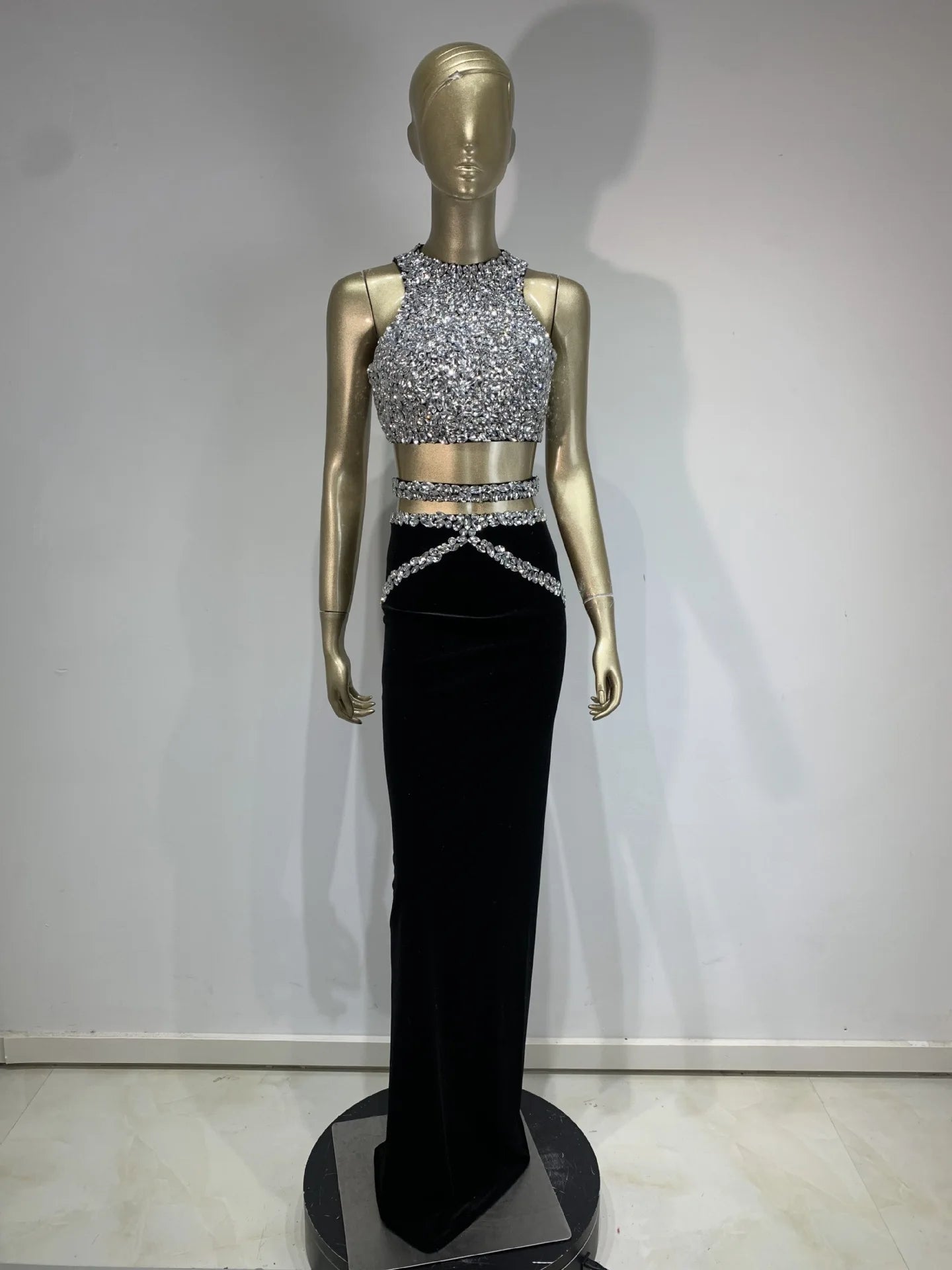 Maxy Women Luxury Party Outfits Rhinestones Crop Top and High Waist Long Skirt Two Piece Sets Birthday Celebrity Evening Garments