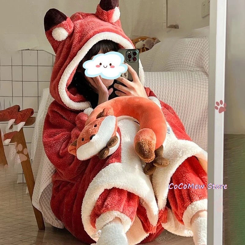 Maxy Women's Onesies Flannel Cosplay Costume Dinosaur Panda Fox Animal Pajama Cartoon Hooded Sleepwear Halloween Christmas Nightdress