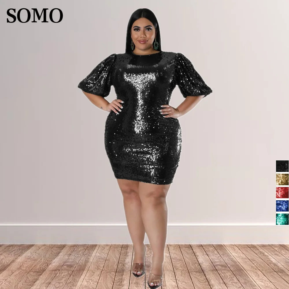 Babs Evening Party Dresses for Women Sequins Club Wear Plus Size Fashion Puff Sleeve Mini Dress