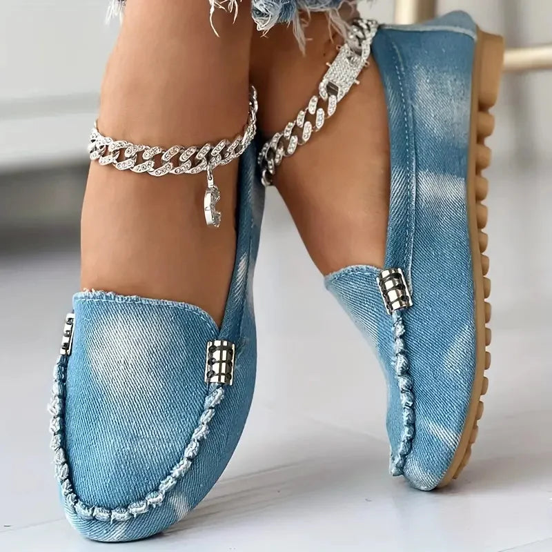 Maxy New Women Casual Flat Shoes Spring and Autumn Flat Loafers Shoes Fashion Non-slip Soft Round-toe Denim Flat Sneakers Women