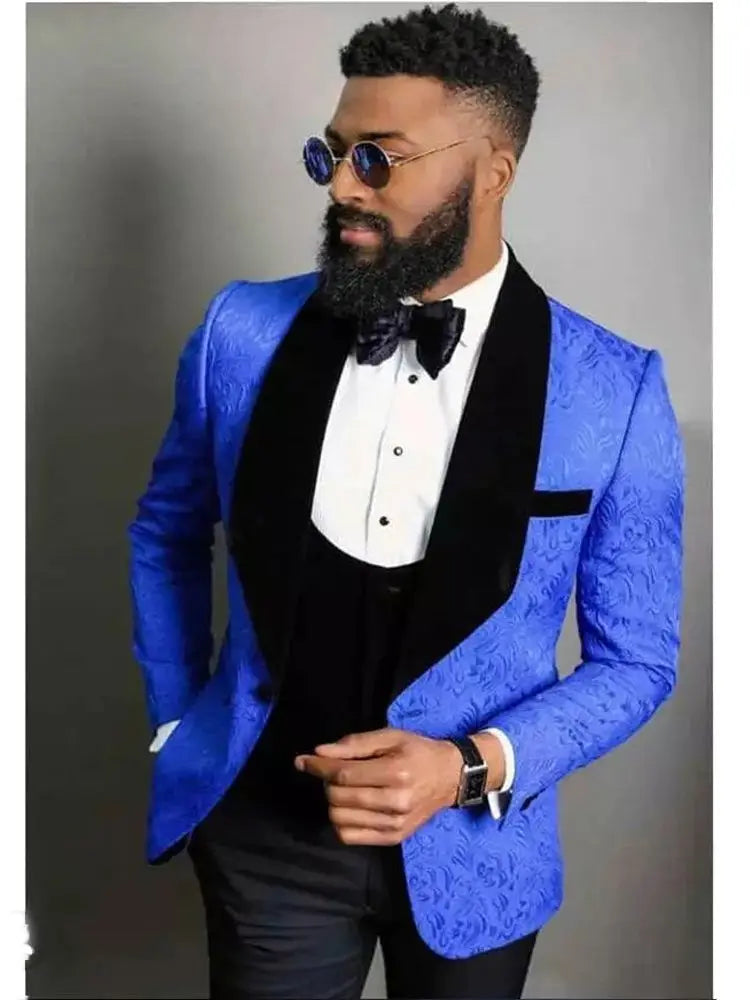 Maxy Classic Royal Blue Floral Slim Fit Custom Made Men Suits Wedding Groom Tuxedos 3 Pieces Jacket Vest PantGroomsmen