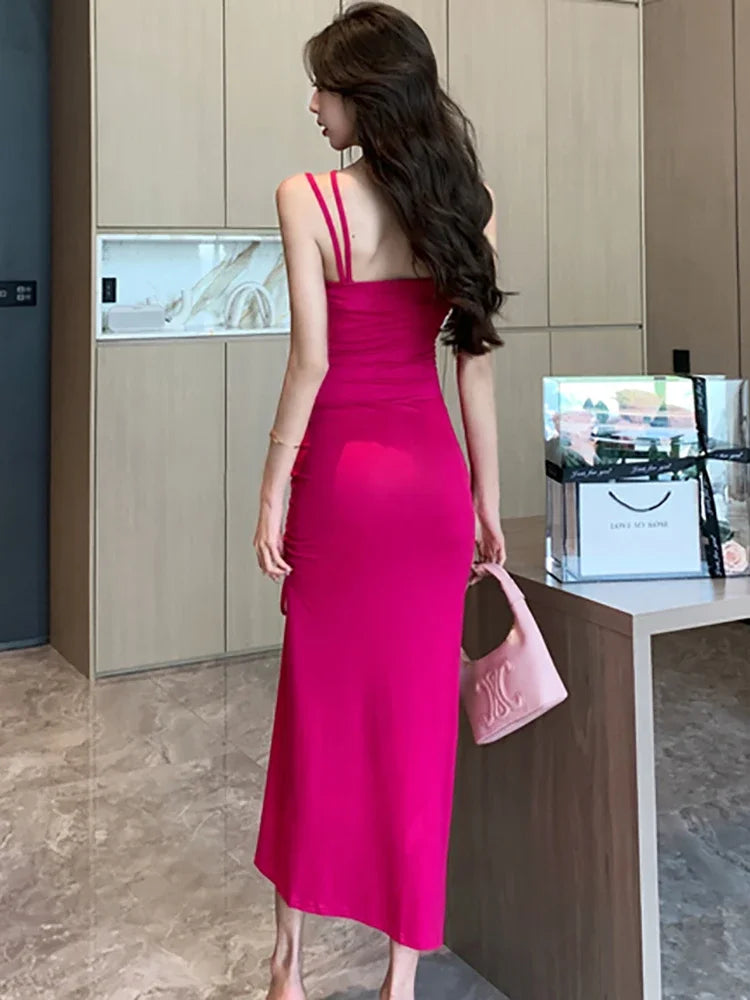 Maxy Women Fashion Chic Sling Sexy Dress Summer Korean Luxury Eveing Dress New Rose Red Elegant Bodycon Bandage Slit Long Dress