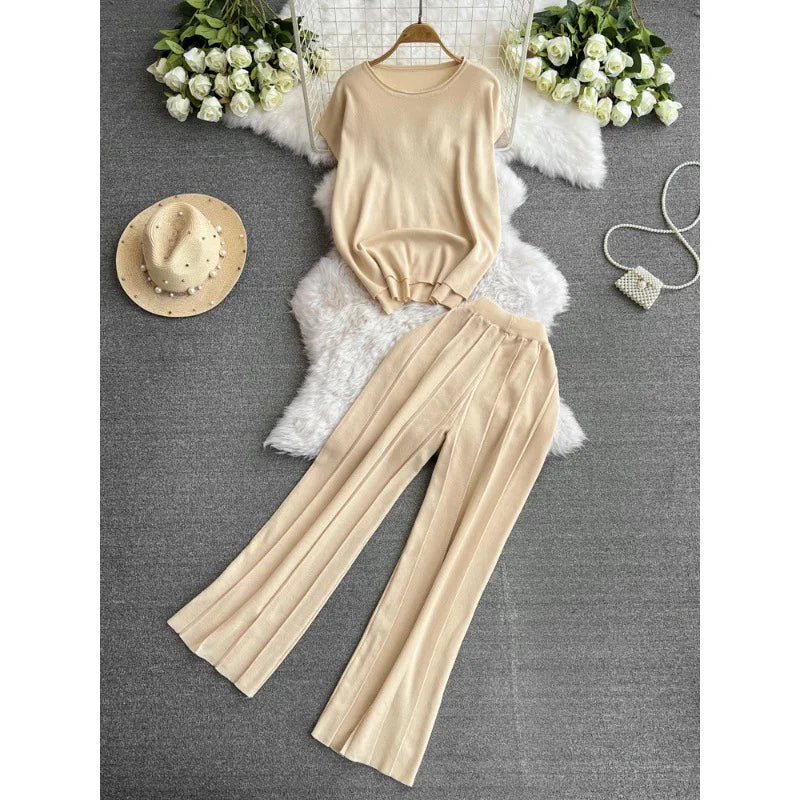 Maxy Fashion Pants Suit Women Korean-style Loose O Neck Knitted T-shirts Tops High Waist Straight Wide-leg Pants Women Two-piece Sets