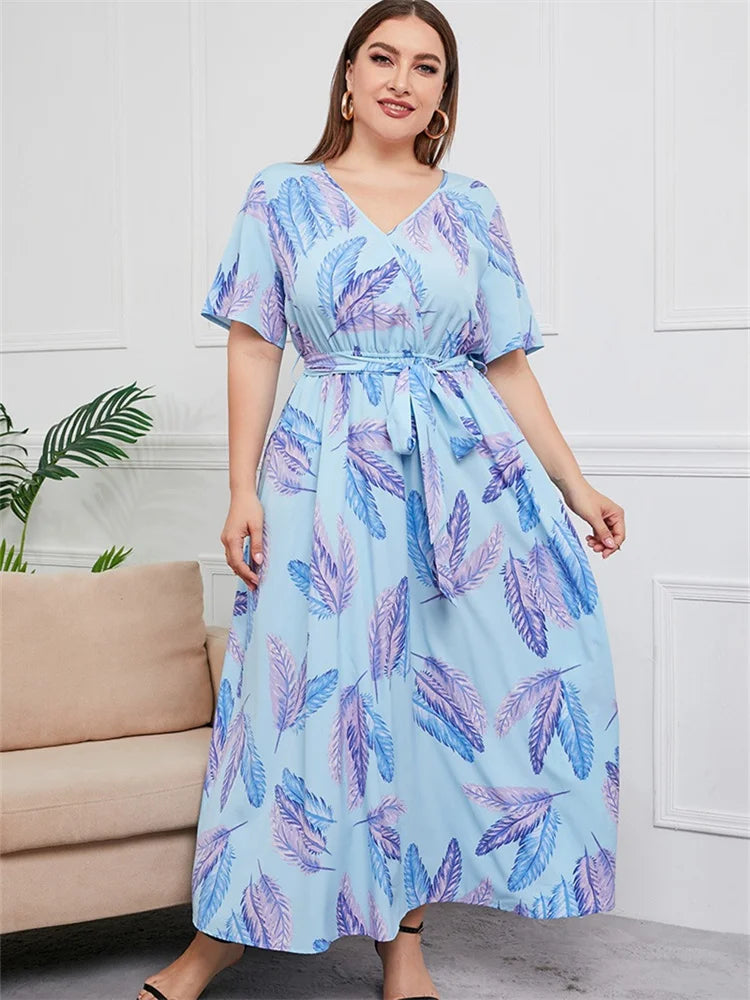 Wmstar Plus Size Dresses for Women Short Sleeve Flower Printed V Neck Loose  Maxi Dress with Bandage Wholesale Dropshipping 2023