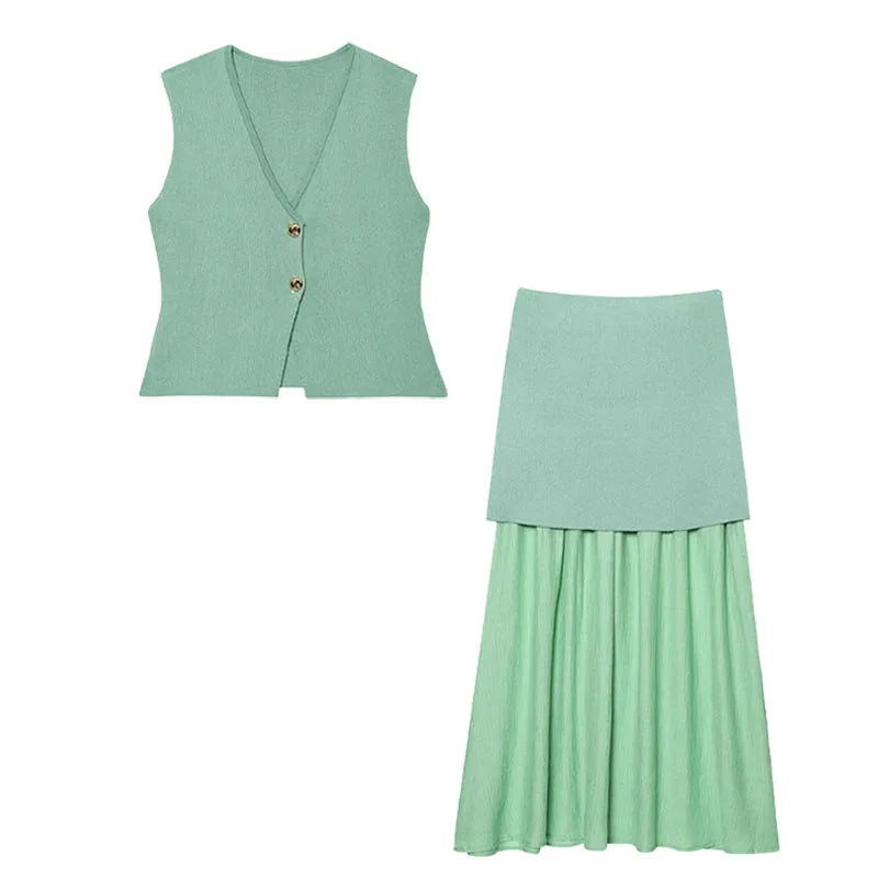 TRAFZA Women 2 Piece Set V-Neck Sleeveless Button Knitted Vest Top+Elegant Splicing High Waist Zipper Long Skirts Holiday Suits