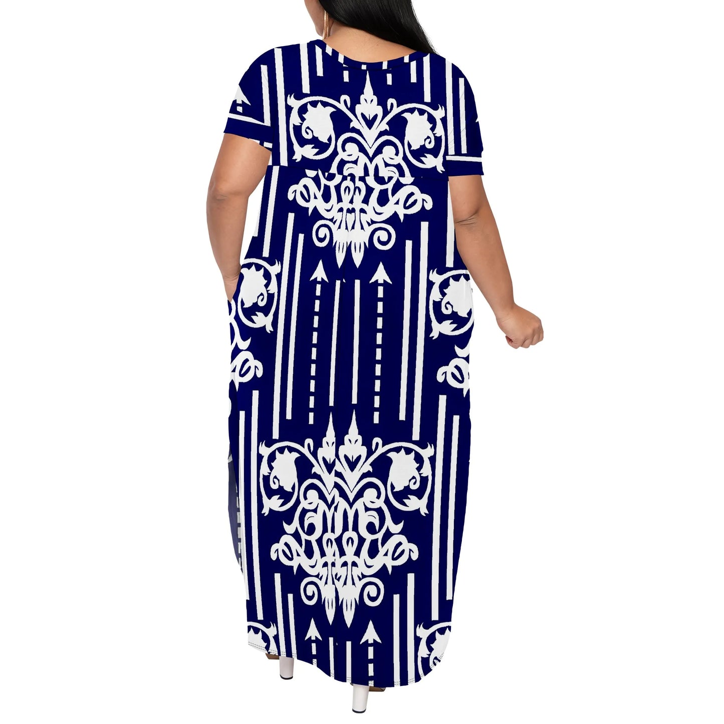 Maxy Plus Size V-Neck Short Sleeve Dress Navy White Stripe Scroll Print Elegant Summer Wear