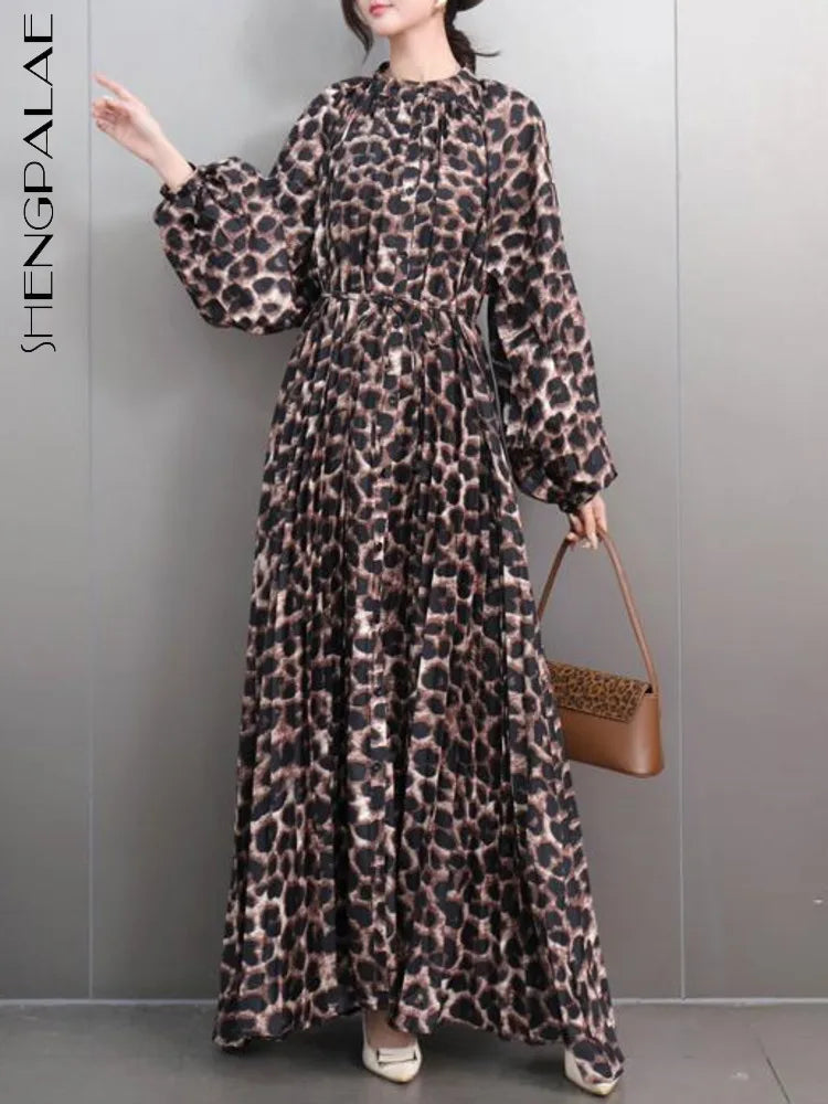 Babs Fashion Leopard Print Large Size Dress Women O Neck Loose Floor Length Long Style Casual Elegant Clothing New 5ZD1103