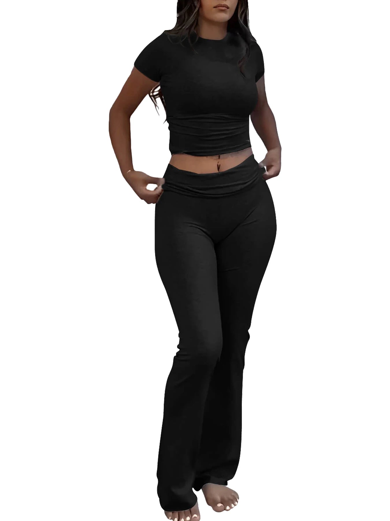 Maxy Casual Workout Two Piece Outfits for Women Short Sleeve Crop High Waist Foldover Flare Pants Tracksuit Sets Streetwear