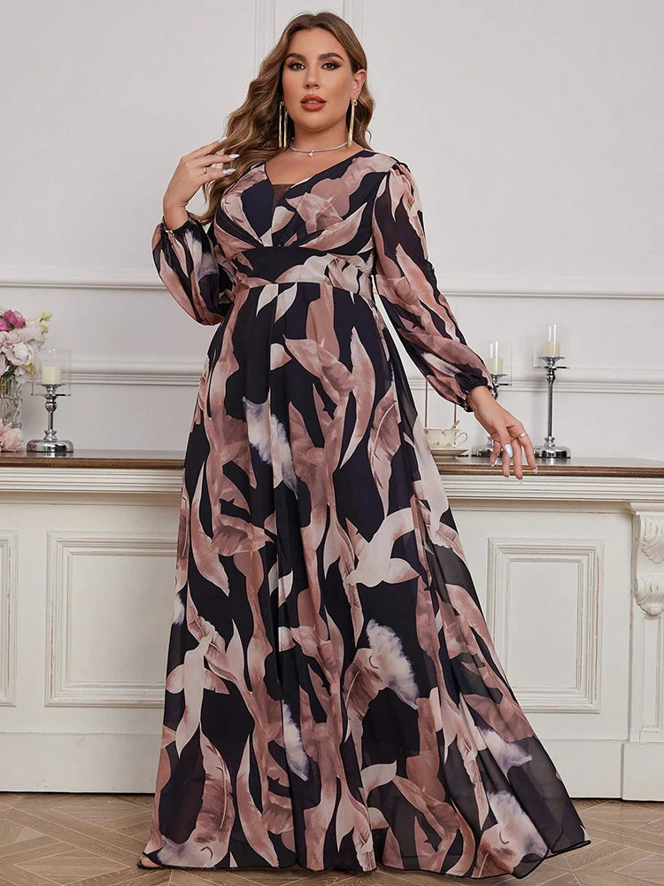 Maxy-Floral Print Lantern Sleeve Dress for Women, Casual Elegant Split Thigh Dress, Spring and Summer Clothing, Plus Size