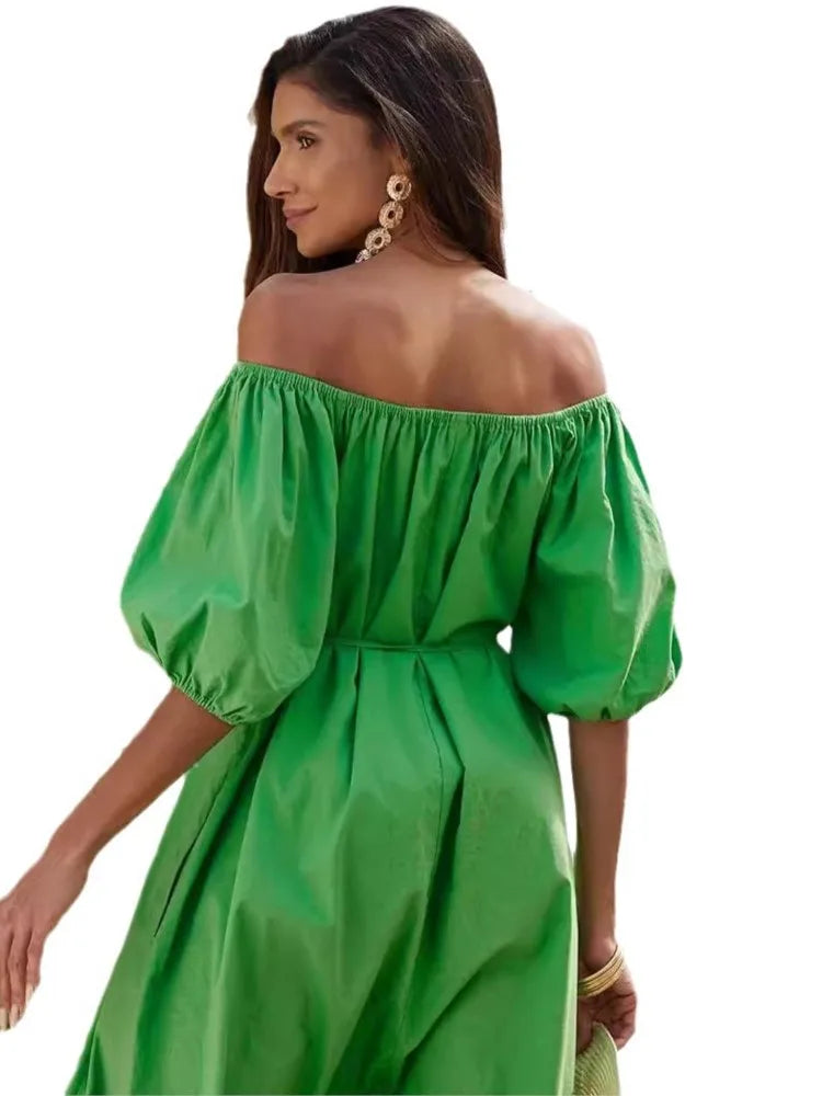 Maxy New Dress Casual Puff Sleeves Slant Shoulder Elegant Dress Fashion Green Loose Office Holiday Beach Party Dresses Robe Femme