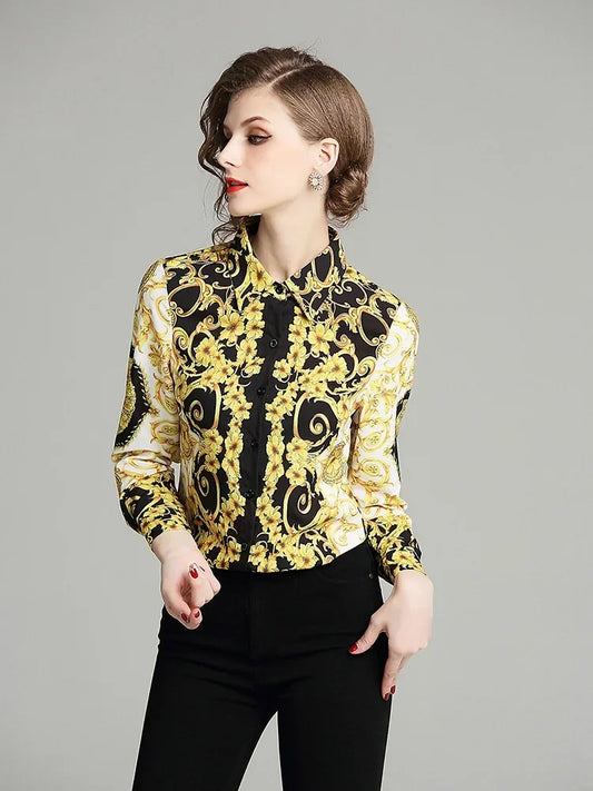 Maxy Spring Autumn Women's Blouse Tops New Bohemian Retro Turn-down collar Office Lady Trend Printing European American Shirt UK766