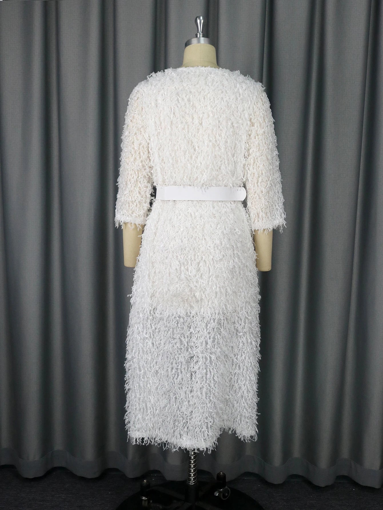 Maxy Women White Fur Dresses 3/4 Sleeves Tassel Elegant Fluffy Midi Dress with Belt Fall Winter Luxury Party Club Night Gowns