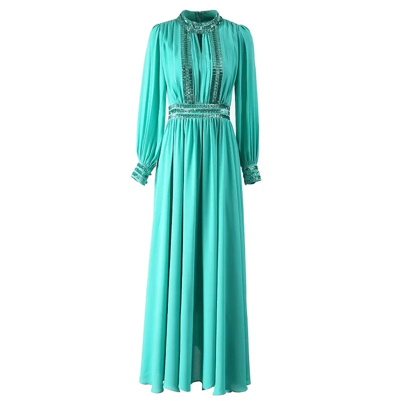 Amay Patchwork Sequined Formal Dresses for Women Stand Collar Hollow Out Long Sleeve High Waist Celebration Dresses Female