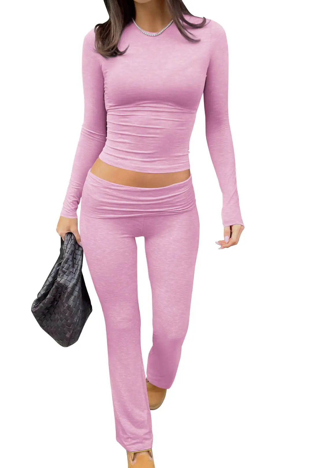 Maxy Casual Workout Two Piece Outfits Long Sleeve High Waist Fold-over Flare Flared Leggings Pants Tracksuit Sets Streetwear