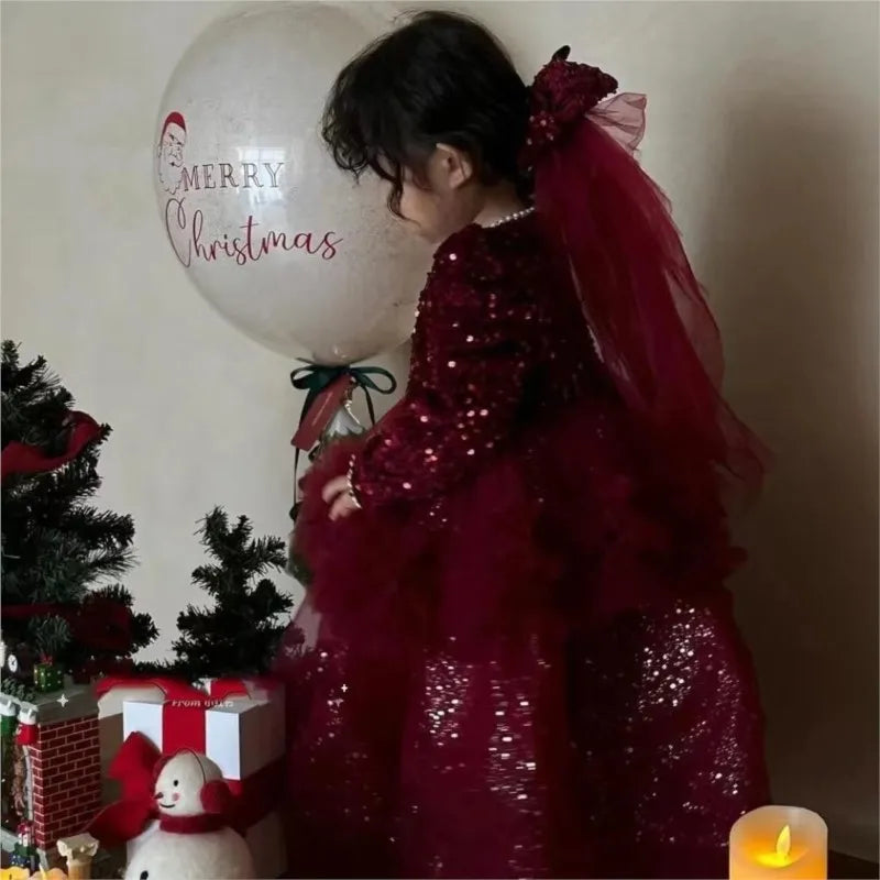 Maxy Baby Girl Princess Christmas Sequins Tutu Dress Long Sleeve Infant Toddler Child Tulle Vestido Birthday Party Baby Clothes 1-12Y