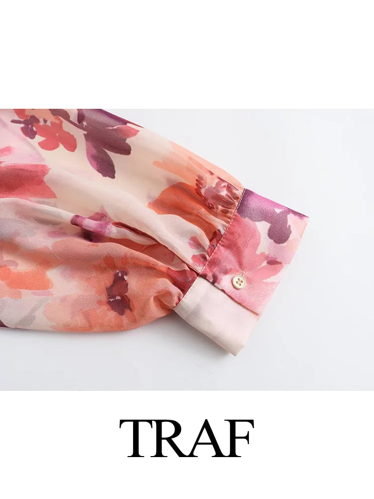 Maxy Spring Women Pink Print Short Sleeve Casual Blouses Women Button up Shirt+ A-Line Pleated Skirt Set For Beach Style