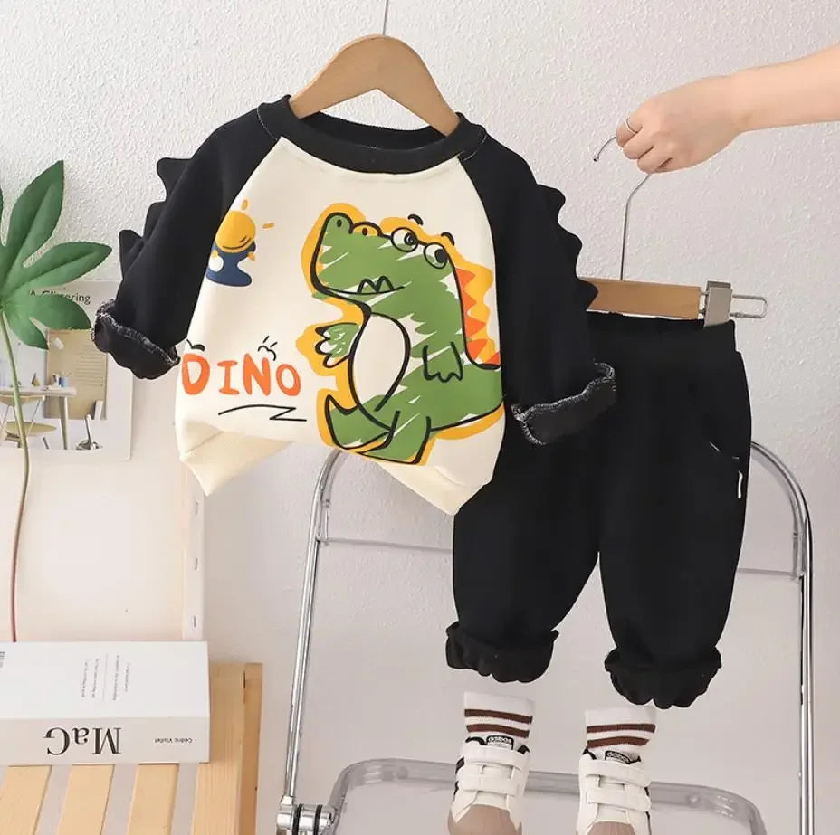 Maxy Baby Boys Clothes Toddler Sets Autumn Winter Casual Print Dinosaur Fleece Pullover Sweatshirt+Pants Boutique Outfits