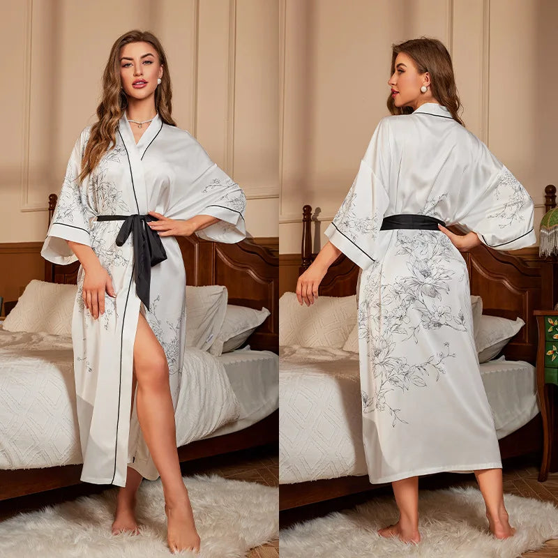 Maxy Japanese Style Half Sleeve Kimono Bathrobe Gown Female Long Robe Nightgown Sleepwear Loose Satin Print Flower Home Dressing Gown