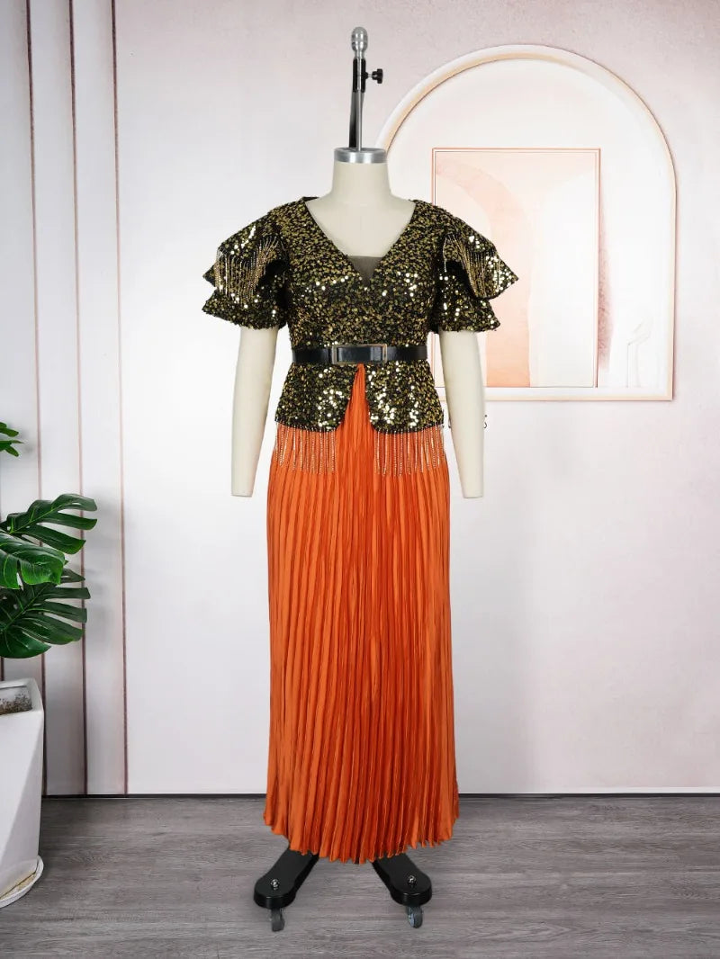 Maxy Plus Size African Women's Sequined Long Maxy Dress Short Sleeve V Neck Elegant Hem Pleated Big Swing Party Dress Dubai