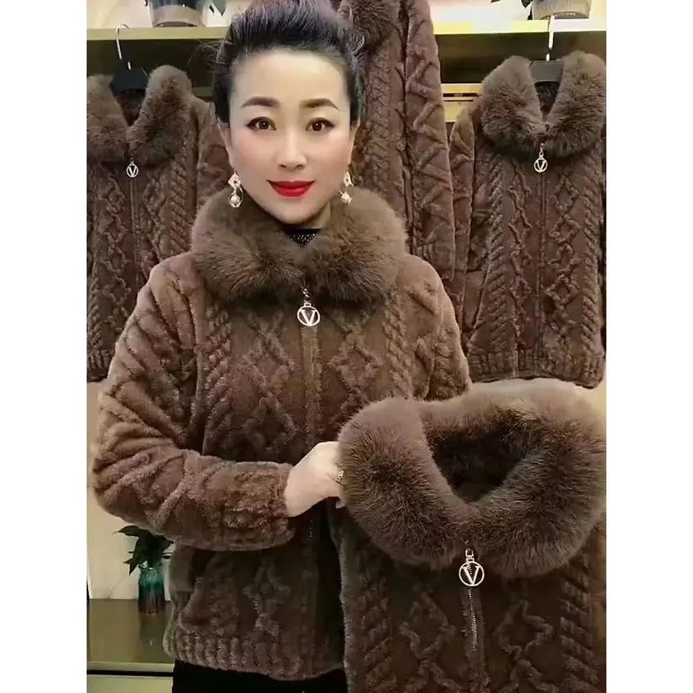 Maxy Mother Winter Jacket Thicken Imitation Mink Velvet Woolen Coat Fashion Fur Collar Large Size Zipper Knitted Cardigan Sweater 5XL