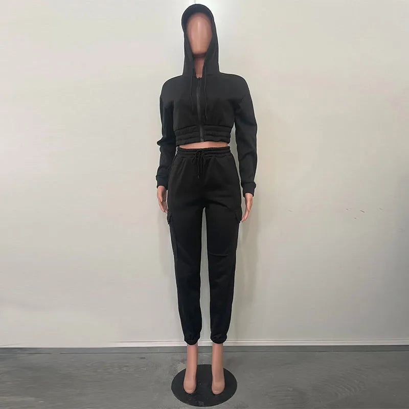 Macy Hooded Jacket Sweatshirt and Sweatpants Woman Plush Two Piece Tracksuit Long Sleeve Zipper Crop Top Legging Set