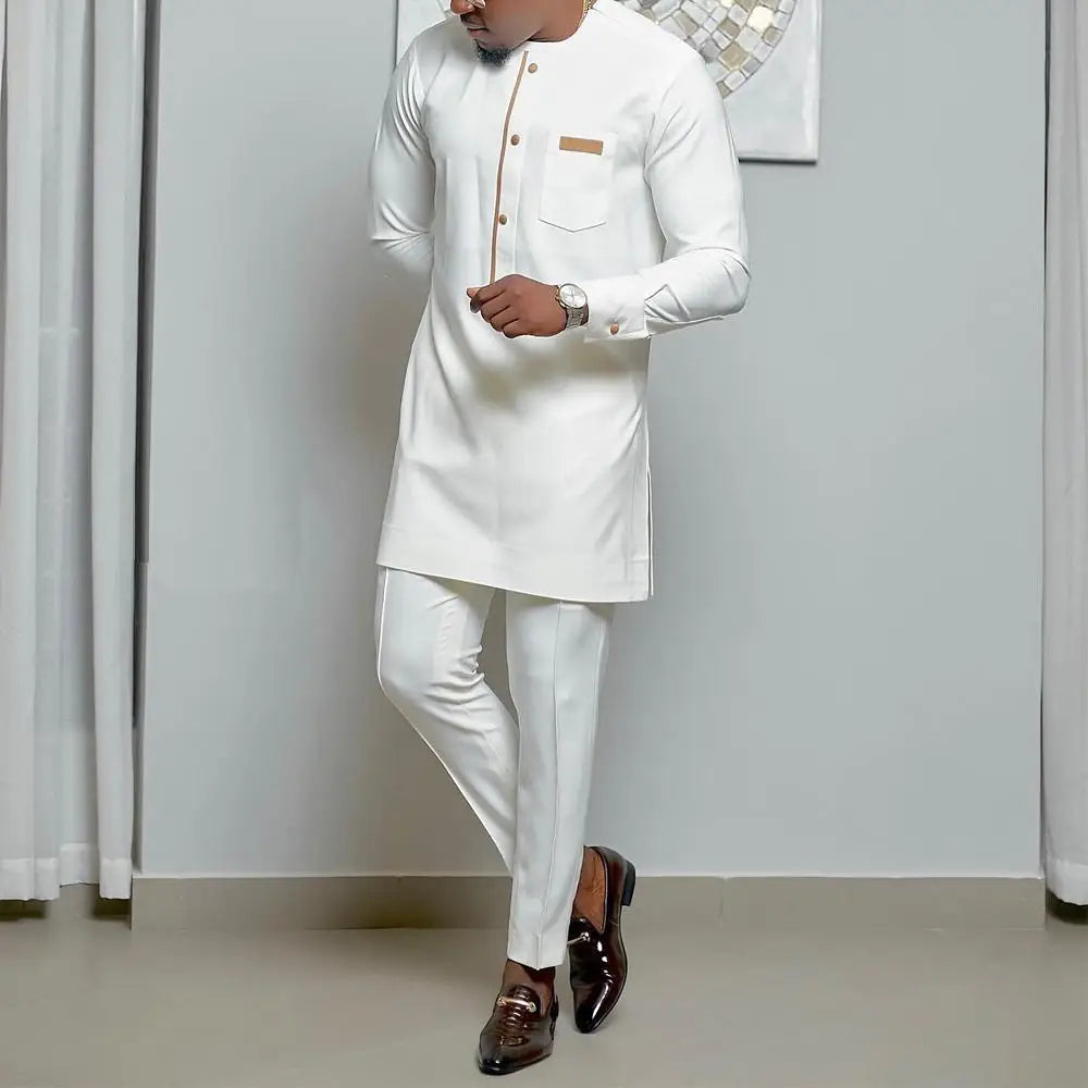 Maxy New African Traditional Men's Set Round Neck Long Sleeve Yellow Luxury Two Piece Dashiki Wedding Party Festival Men's Suit